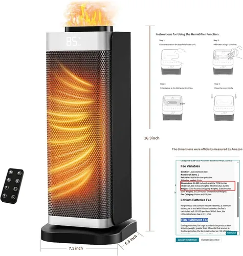 Vista 9 de Calentadores de espacio para uso en interiores, calentador de espacio portátil con humidificador/luz ambiental, calentadores eléctricos seguros