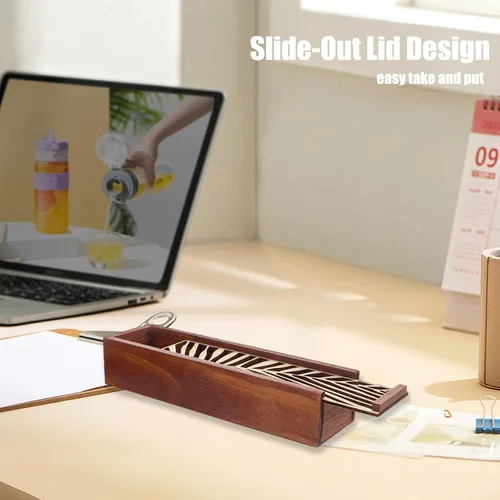 Vista 6 de Caja de madera sin acabar, caja de almacenamiento para lápices de madera, estuche vintage con funda extraíble, caja de madera con tapa