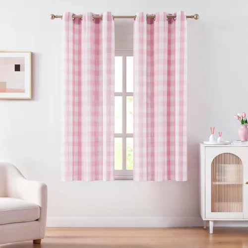 Vista 32 de Amzdecor Cortinas a cuadros con ojales de búfalo de 54 pulgadas de largo, cortinas texturizadas semitransparentes para sala de estar, dormitorio