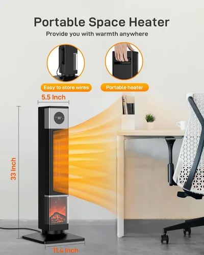 Vista 6 de Calentador de espacio con termostato, calentador de torre de cerámica oscilante para habitaciones grandes, temporizador y control remoto