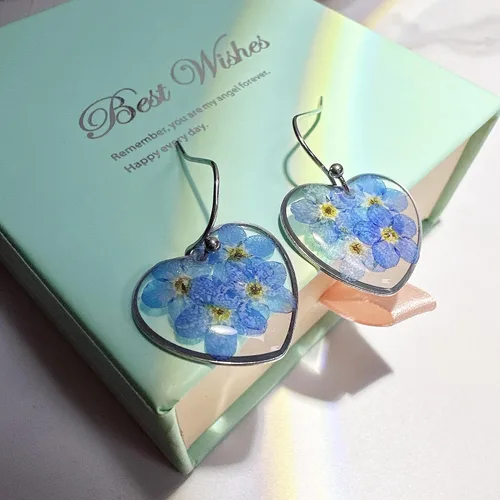 Vista 10 de Pressed Flower Earrings,Handmade Forget-Me-Not and Queen Anne's Lace Wildflower Earrings,Unique Resin Dried Flower,Perfect for Parties