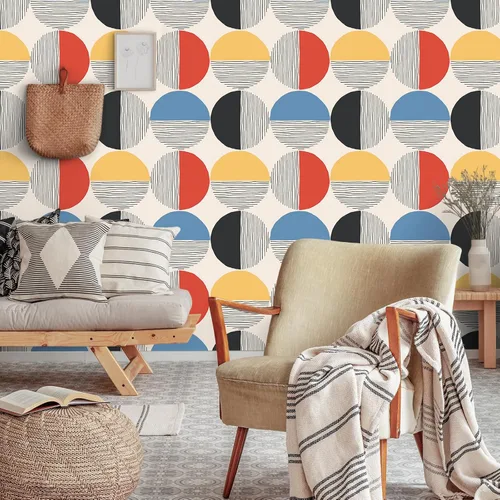 Vista 2 de VEELIKE Papel tapiz geométrico moderno para despegar y pegar, papel tapiz geométrico bohemio de mediados de siglo para dormitorio y baño, 17.7 x 118