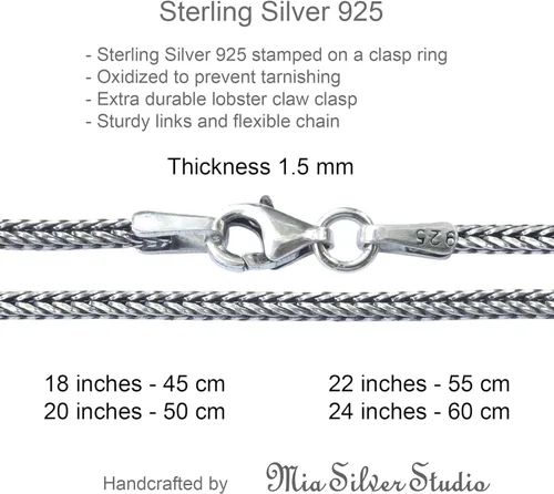 Vista 4 de Collar de cadena de plata de ley 925 maciza con cola de zorra, ancho de 0.059 pulgadas, oxidado y no se deslustra, unisex, diseño de serpiente