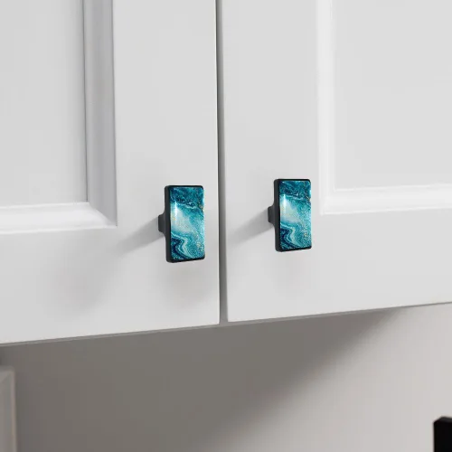 Vista 5 de LORVIES Paquete de 4 pomos decorativos de mármol de 1.65 pulgadas para gabinete, vidrio ABS corto rectangular negro, manijas de puerta de cajón