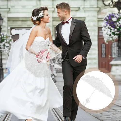 Vista 7 de Amosfun Paraguas de encaje blanco vintage para boda, paraguas de novia hecho a mano con flores bordadas para novia, foto nupcial, disfraz de dama