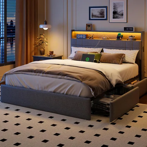 Vista 11 de Forestell Base de cama Queen con 4 cajones y cabecera de almacenamiento, base de cama tapizada tamaño Queen con luces LED y estación de carga Beige