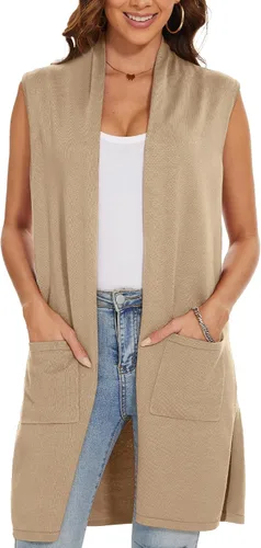 Vista 2 de Chaleco de punto largo para mujer, sin mangas, con bolsillos, frente abierto, drapeado, chaleco casual