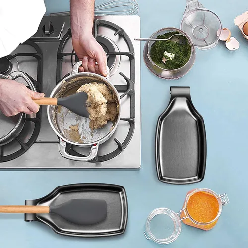 Vista 7 de Herogo - Soporte de cuchara de acero inoxidable negro para estufa de cocina, soporte grande para espátula de cocina con parte inferior cuadrada