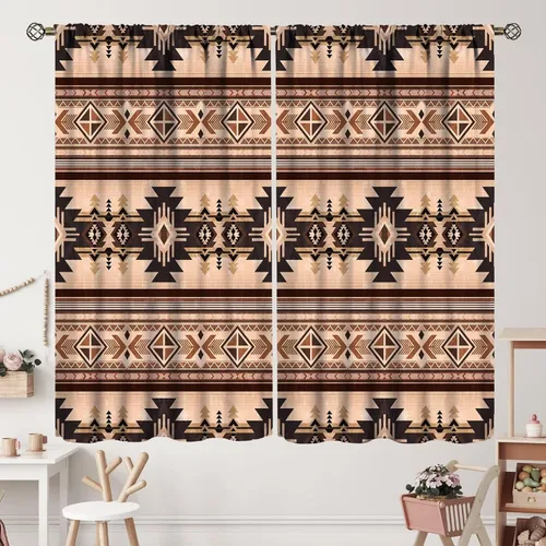 Vista 52 de Cortinas con patrón geométrico tribal, estilo suroeste, azteca, rústico, occidental, nativo americano, opacas, con bolsillo para barra, decoración