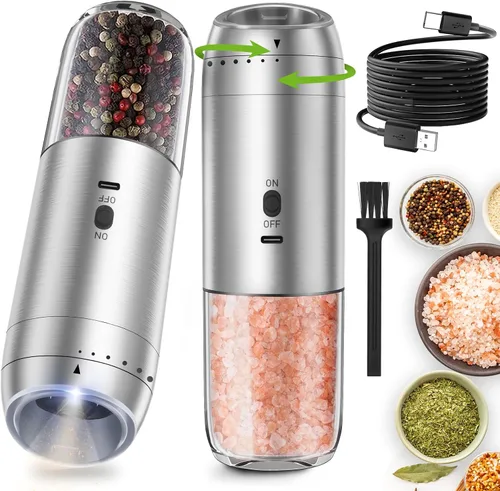 Vista 11 de Molinillo de sal y pimienta eléctrico por gravedad, molinillo de pimienta automático, recargable por USB, grosor ajustable, operación con una sola