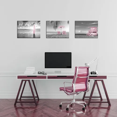 Vista 2 de Biuteawal 3 piezas de arte de pared costero de playa, impresiones artísticas para decoración de paisaje marino de verano, pintura temática gris