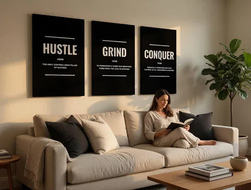 Vista 2 de Juego de 3 lienzos motivacionales en blanco y negro para pared, impresiones enmarcadas envueltas en galería para oficina, dormitorio y sala de estar