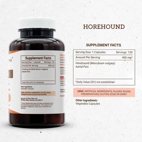 Vista 3 de Secrets of the Tribe Horehound 120 Cápsulas, 800 mg, Horehound (Marrubium vulgare) Hierba seca (120 Cápsulas)