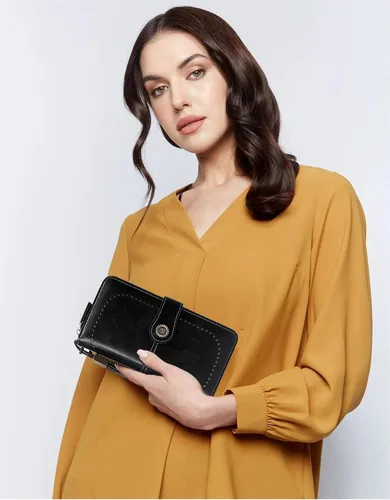 Vista 2 de VONCOSS Cartera larga con cremallera alrededor de las mujeres de gran capacidad, para tarjetas de crédito, soporte para teléfono, embrague