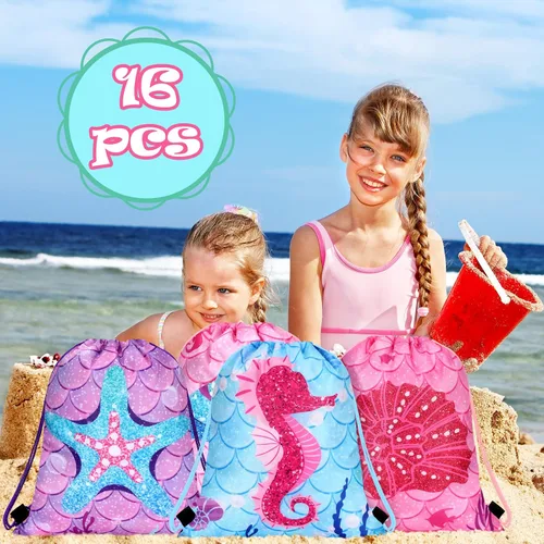 Vista 2 de 16 bolsas de regalo de fiesta de sirena, bolsas de regalo con cordón para fiesta de sirena, bolsas de regalo bajo el mar del océano, bolsas