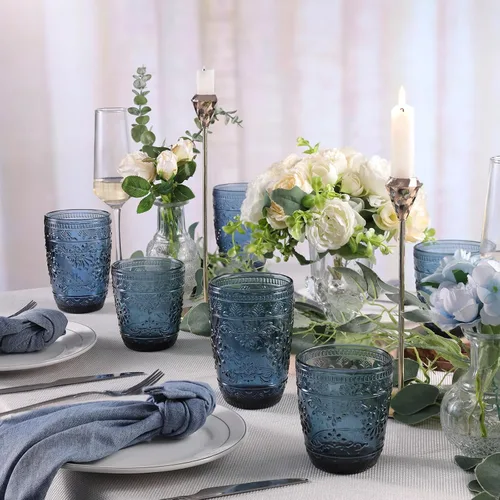 Vista 2 de abrwyy 6 vasos de vidrio de 14 onzas, vasos azules para beber, juego de cristalería de colores para fiestas, bodas, hogar, oficina, agua, jugo