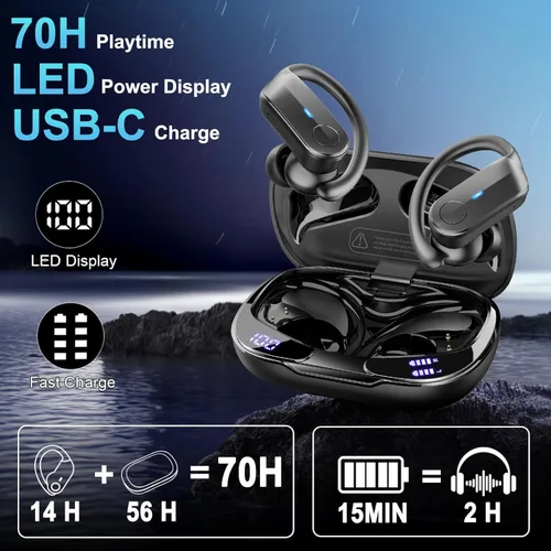 Vista 4 de Auriculares inalámbricos deportivos con ganchos para las orejas, auriculares Bluetooth 5.4 con 4 micrófonos ENC cancelación de ruido, IPX8