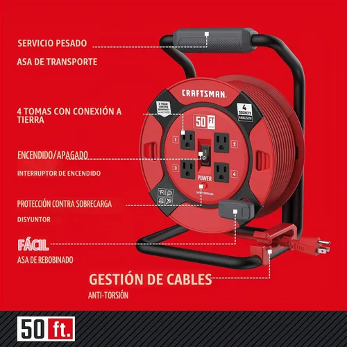Vista 2 de CRAFTSMAN Carrete de cable de extensión retráctil de 50 pies con 4 tomas de corriente y cable resistente de 14AWG SJTW