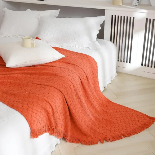 Vista 12 de Simple&Opulence Manta 100% algodón para sofá, cama, manta de punto gofre con borlas, suave, ligera, prelavada, transpirable, cómoda, decoración