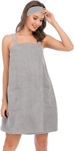 Vista 38 de Veseacky Toalla de baño para mujer con bolsillo, bata de spa ajustable y diadema facial
