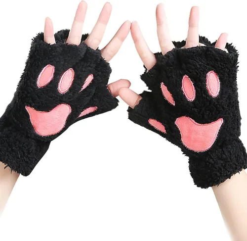 Vista 4 de Loritta 2 Pairs Womens Cat Paw Gloves Winter Plush Faux Fur Cute Kitten Fingerless Mitten