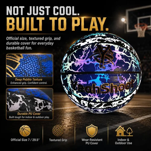 Vista 3 de Baloncesto brillante – Pelota iluminada para niños y jóvenes, holográfica reflectante y que brilla en la oscuridad, duradera y elegante para todas