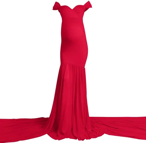 Vista 3 de Vestido de maternidad con hombros descubiertos y cuello en V para mujer, vestido largo de gasa con cuello en V y ajuste elegante, para fotografía