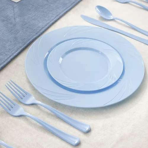 Vista 6 de YOUBET 125 platos de plástico azul, platos desechables para baby shower, incluye 25 platos llanos, 25 platos de postre, 25 tenedores, 25 cuchillos