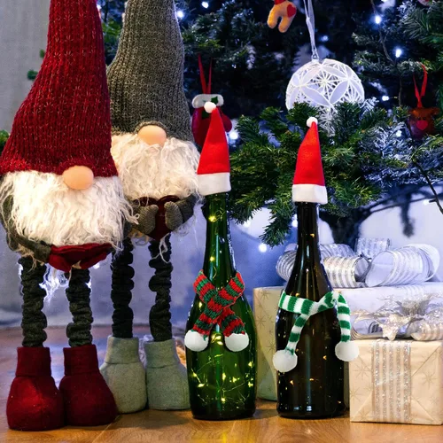Vista 5 de Mini bufandas de Navidad pequeñas bufandas de muñeco de nieve de 7.9 x 0.6 pulgadas, bufanda de punto para mascotas, muñeco de nieve, botella