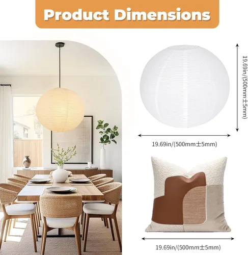 Vista 3 de Juego de 2 pantallas de lámpara de linterna de papel redonda blanca, pantalla de luz colgante de linterna de papel grande de 20"x20", diseño