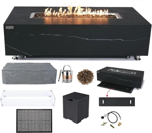 Vista 99 de Elementi+ Mesa de Fuego de Gas Colorado de Hormigón Fundido de 56" Rectangular, Hoguera al Aire Libre con Ignición Electrónica Incluye Cubierta