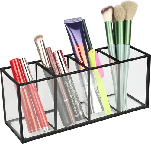 Vista 9 de ELEGANTLIFE Organizador de brochas de maquillaje de vidrio transparente, lujoso soporte de almacenamiento de cepillos de cosméticos de vidrio Negro