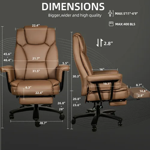 Vista 2 de Silla de oficina reclinable con reposapiés, sillas de escritorio de oficina en casa grandes y altas, 400 libras con respaldo alto, asiento ancho