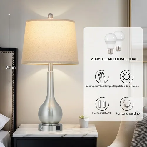 Vista 2 de Juego de 2 lámparas de mesa de metal plateado de 26 pulgadas para dormitorios, lámparas de noche con control táctil para mesita de noche con puerto
