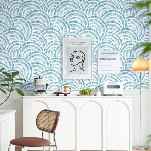 Vista 2 de Toduso Papel tapiz geométrico de 17.3 x 196.8 pulgadas, papel tapiz para despegar y pegar, papel de pared de círculo azul blanco y azul, papel