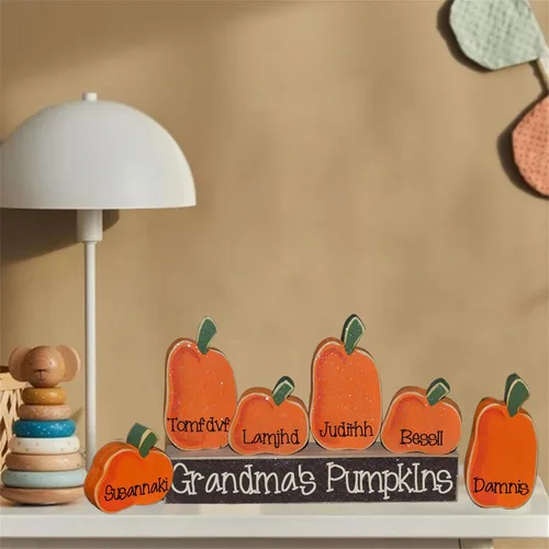 Vista 2 de Juego de letreros personalizados de bloques de calabaza con chispeantes para Halloween, bandeja escalonada, decoración de chimenea, regalo familiar