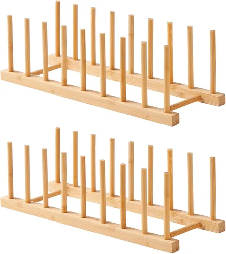 Vista 8 de Paquete de 1 estante de madera de bambú para platos, tapa de olla, tabla de cortar, organizador para gabinete, organizador de gabinete de cocina