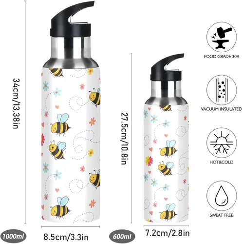 Vista 2 de Lindas abejas de dibujos animados de acero inoxidable blanco aislado al vacío botella de agua de 32 onzas, sin BPA, botella de agua deportiva a