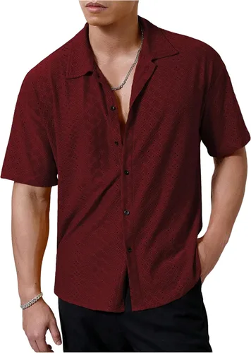 Vista 5 de VIPWOLF Camisa de playa con botones de manga corta con bordado de ojales para hombre