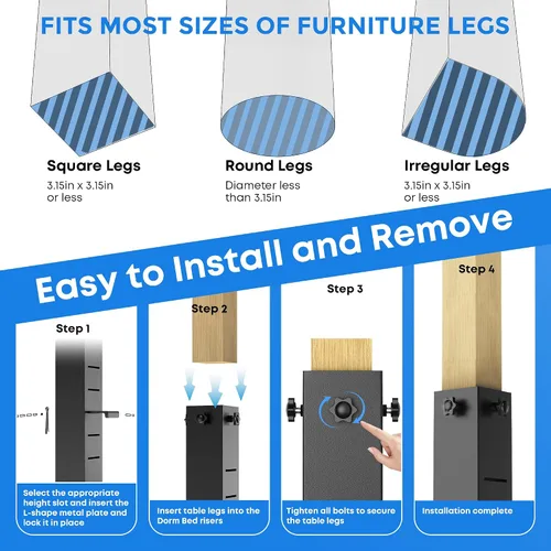 Vista 6 de Elevadores de cama de metal, 5 niveles ajustables, elevadores de cama Ccollege para dormitorio, elevador de cama extra alto de 3.15 pulgadas