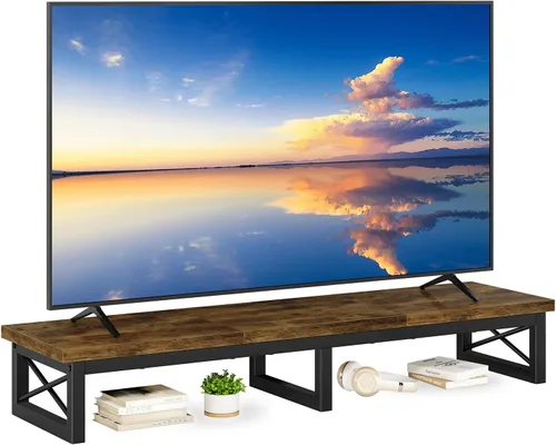 Vista 10 de IBUYKE Elevador de TV grande de 45" para TV de 32-60 pulgadas, Soporte de TV corto de sobremesa con almacenamiento y patas de acero, Escritorio