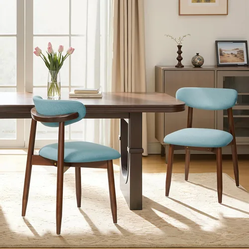 Vista 29 de CHUN YI Juego de 2 sillas de comedor tapizadas de madera maciza, sillas auxiliares de cocina de tela moderna de mediados de siglo con respaldo Beige