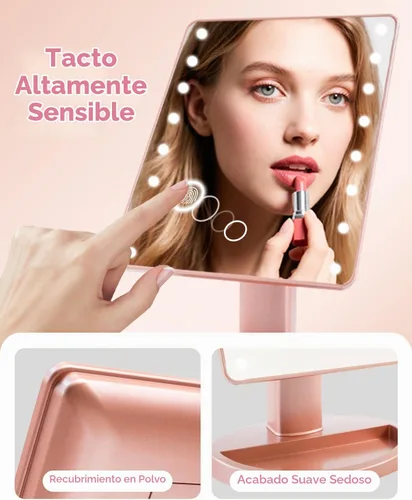 Vista 4 de Espejo de maquillaje iluminado con luces, espejo de tocador con luces, 16 luces LED, espejo de escritorio regulable con luz, fuente de alimentación