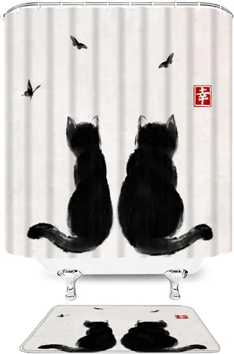 Vista 11 de Juego de 4 cortinas de ducha asiáticas japonesas para baño, gato asiático, divertido, retro, chino, tradicional, pintura de tinta, arte de mariposa