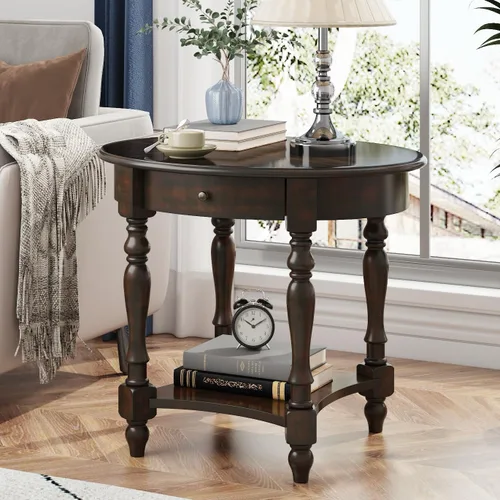 Vista 11 de Mesa auxiliar ovalada con cajón, estante de almacenamiento lateral de madera maciza para sofá, mesa de esquina tradicional para sala de estar