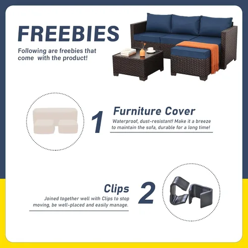Vista 6 de Juego de muebles de patio de 3 piezas, juego de sofá modular para exteriores, muebles de mimbre para patio, sofá al aire libre, mesa auxiliar Azul