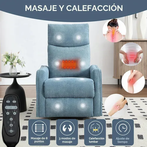Vista 5 de Silla reclinable giratoria para adultos, masaje y calor, tela, azul