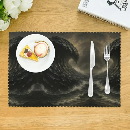 Vista 3 de Rectangular Placemats Set of 4, Heat Resistant Obsidian Tsunami Printed Kitchen Dining Table Mats