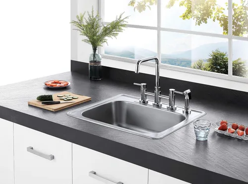 Vista 4 de Kingston Brass Gourmetier GKTS2522 - Fregadero de cocina de acero inoxidable de calibre 22, 4 agujeros, con borde automático, acero inoxidable