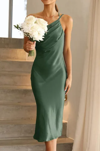 Vista 4 de PRETTYGARDEN Vestido midi de satén para mujer, con un hombro, tirantes delgados, espalda descubierta, fruncido, vestido ajustado de verano
